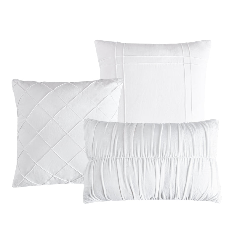 MELISA 7PC WHITE BEDDING COMFORTER SET. RUFFLE & PATCHWORK, MICROFIBER FABRIC, FADE RESISTANT, SUPER SOFT, BED IN A BAG