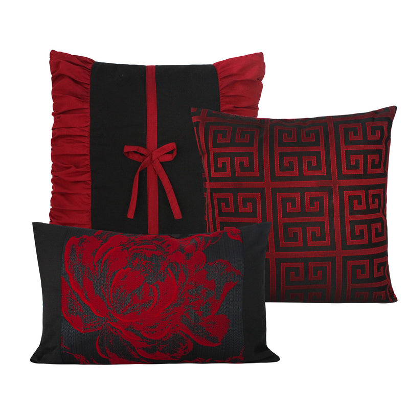PEONY 7PC BURGUNDY BEDDING COMFORTER SET. RUFFLE & PATCHWORK, MICROFIBER FABRIC, FADE RESISTANT, SUPER SOFT, BED IN A BAG
