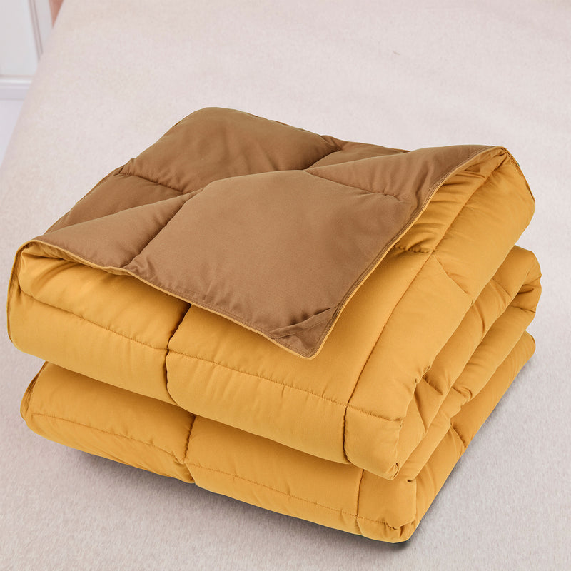 ALTERNATIVE DOWN 3PC REVERSIBLE COMFORTER. PERFECT FOR ANY SEASON. ULTRA SOFT MICROFIBER COVER. TAUPE / BROWN