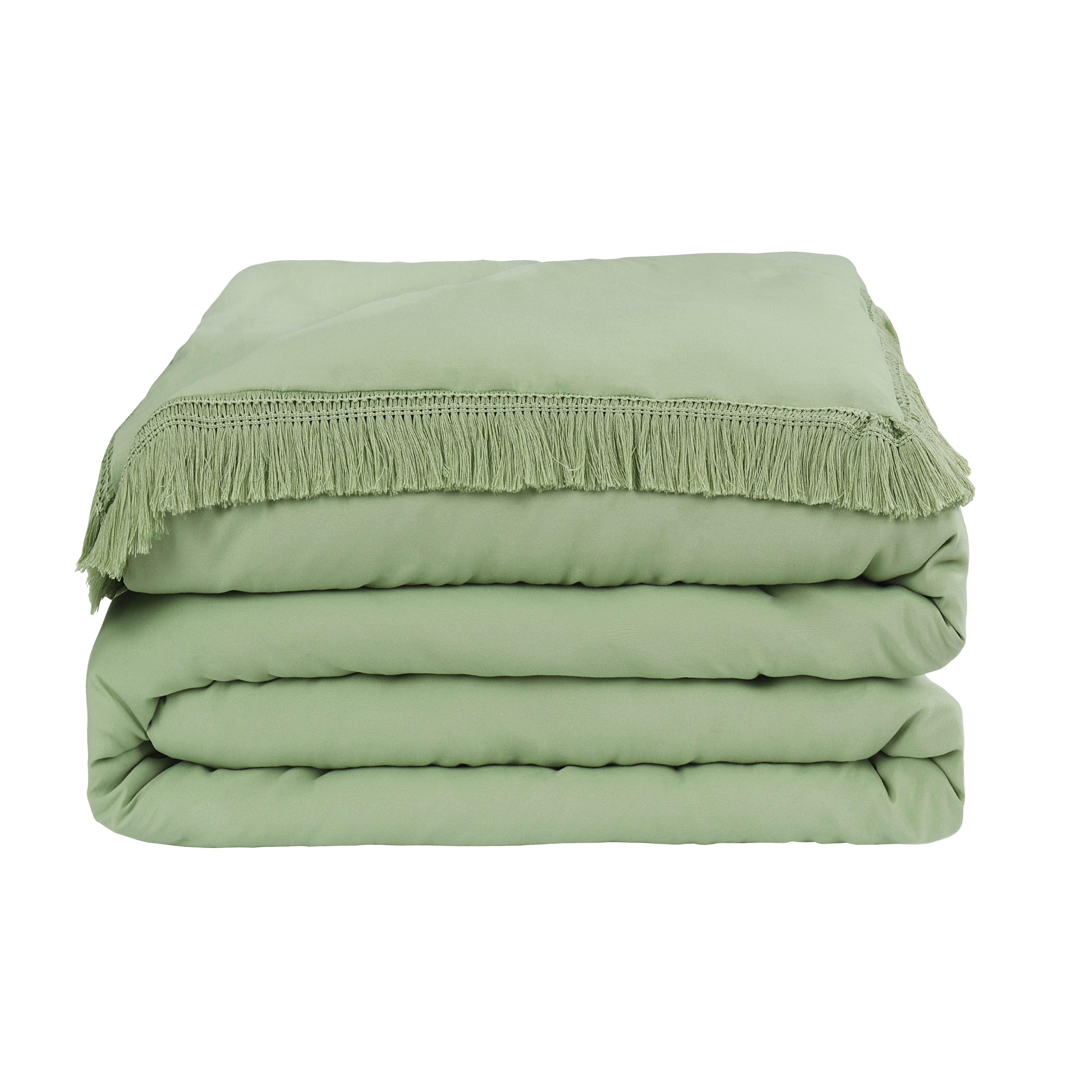 COLIN 3PC GREEN BEDDING COMFORTER SET. RUFFLE & PATCHWORK, MICROFIBER FABRIC, FADE RESISTANT, SUPER SOFT, BED IN A BAG