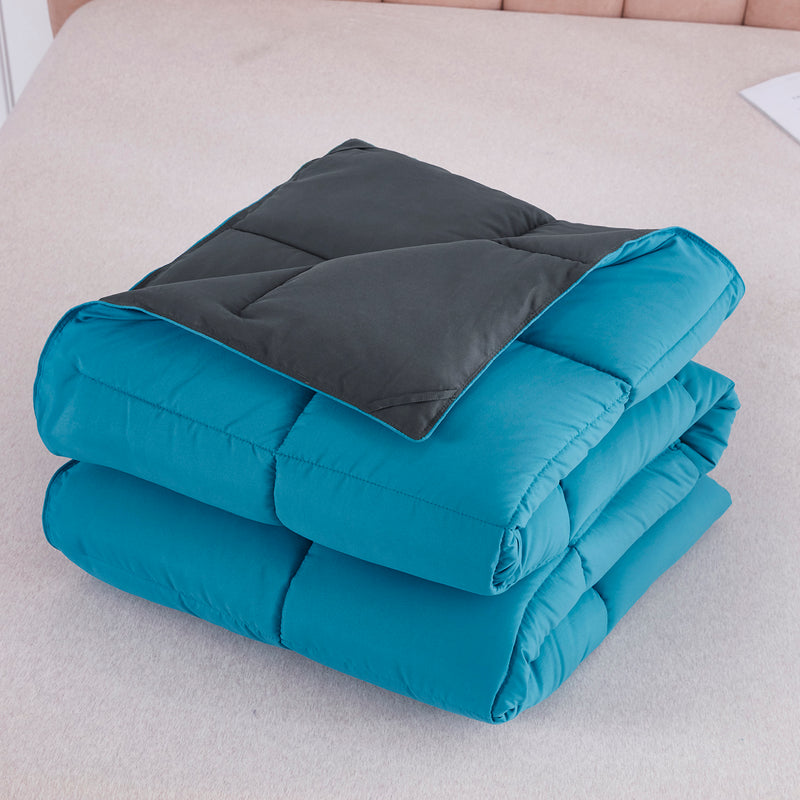 ALTERNATIVE DOWN 3PC REVERSIBLE COMFORTER. PERFECT FOR ANY SEASON. ULTRA SOFT MICROFIBER COVER. TURQUOISE / DARK GREY