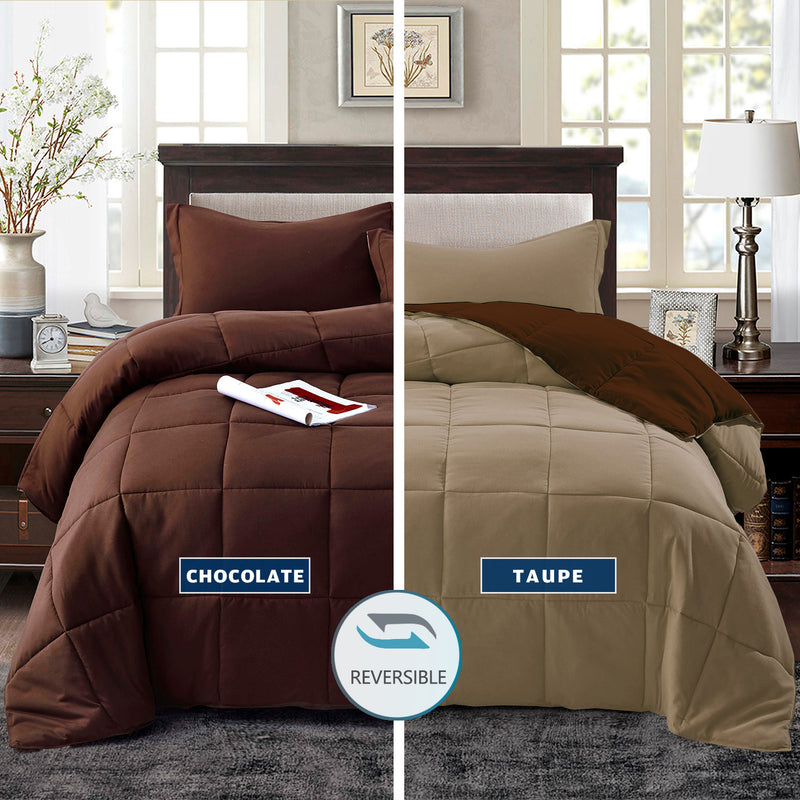 ALTERNATIVE DOWN 3PC REVERSIBLE COMFORTER. PERFECT FOR ANY SEASON. ULTRA SOFT MICROFIBER COVER. Brown/Taupe