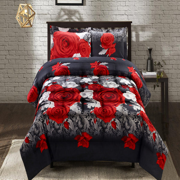 WHITE AND RED ROSE ALTERNATIVE DOWN 3PC PRINTED COMFORTER. PERFECT FOR ANY SEASON. ULTRA SOFT MICROFIBER COVER