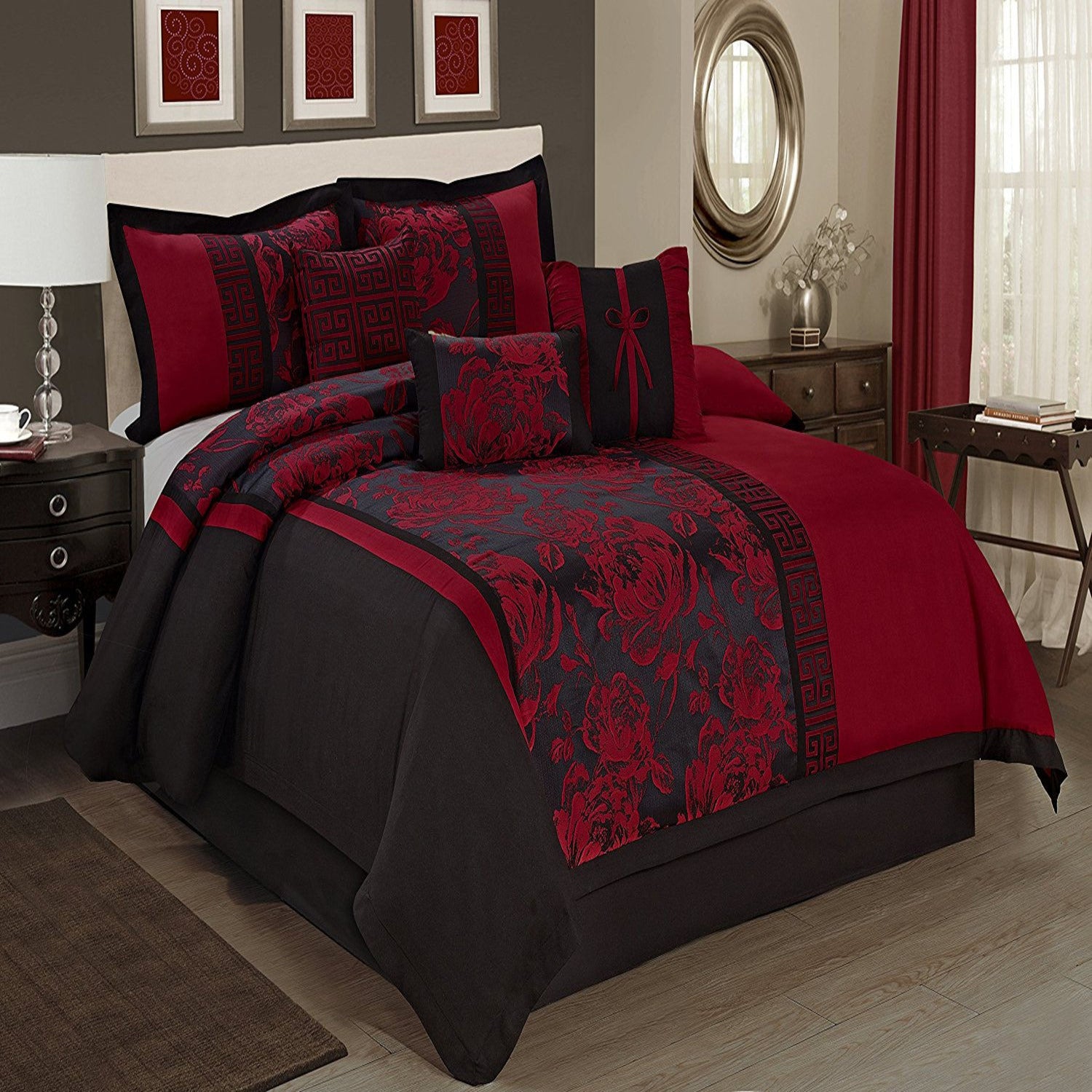 PEONY 7PC BURGUNDY BEDDING COMFORTER SET. RUFFLE & PATCHWORK, MICROFIBER FABRIC, FADE RESISTANT, SUPER SOFT, BED IN A BAG