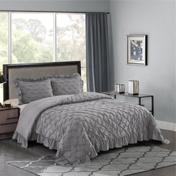 BRIANNA 3PC GRAY BEDDING COMFORTER SET. RUFFLE & PATCHWORK, MICROFIBER FABRIC, FADE RESISTANT, SUPER SOFT, BED IN A BAG