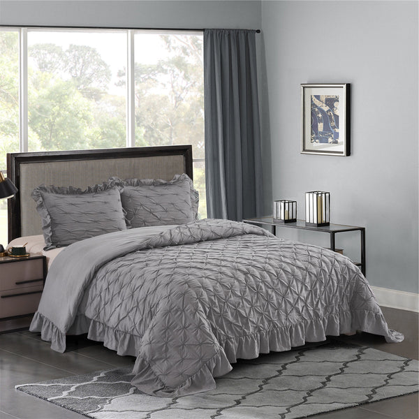 BRIANNA 3PC GRAY BEDDING COMFORTER SET. RUFFLE & PATCHWORK, MICROFIBER FABRIC, FADE RESISTANT, SUPER SOFT, BED IN A BAG