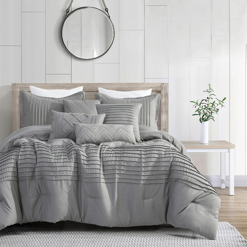 Primolo 7PC BEDDING GRAY COMFORTER SET. RUFFLE & PATCHWORK, MICROFIBER FABRIC, FADE RESISTANT, SUPER SOFT, BED IN A BAG