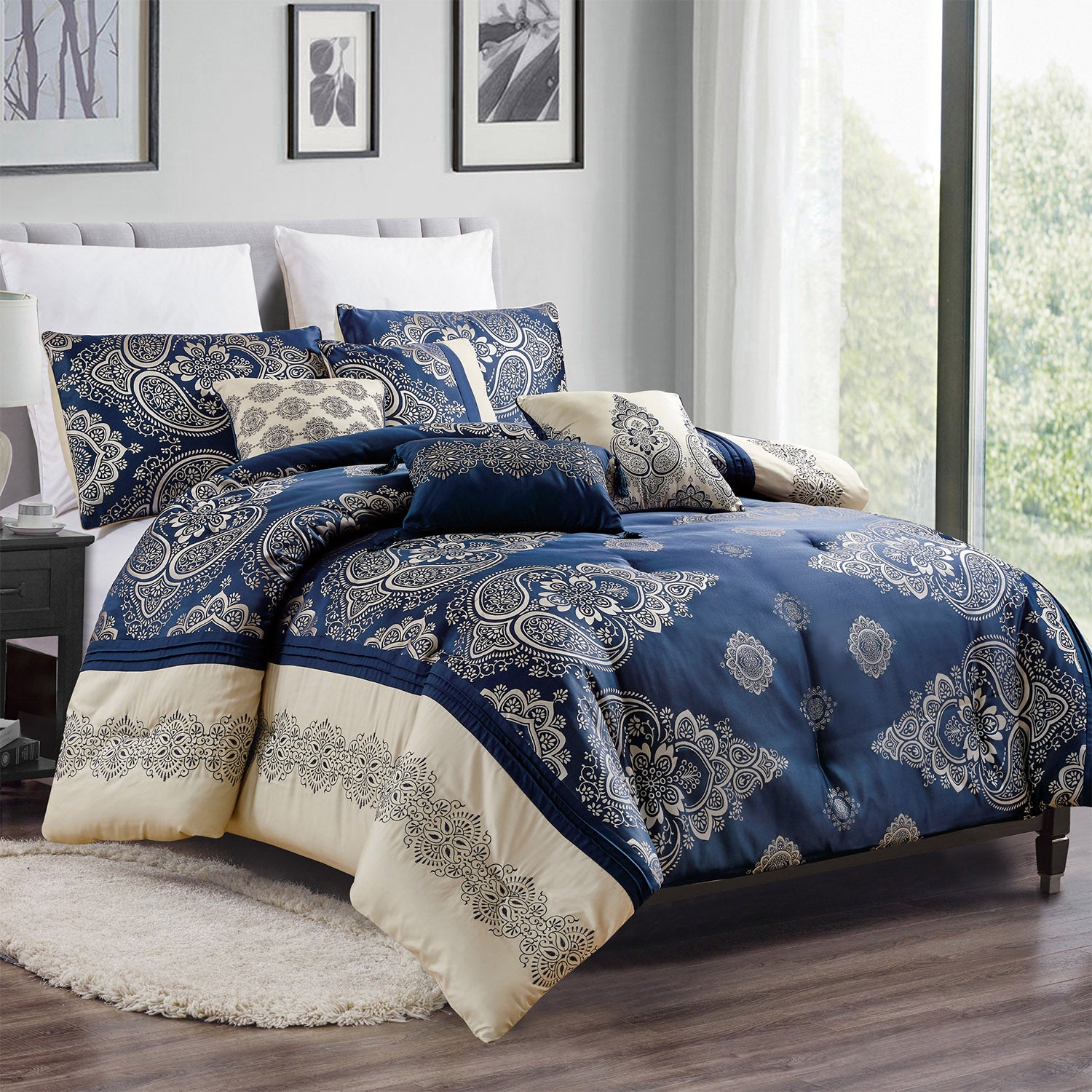 LEVANE 7PC BEDDING COMFORTER SET. RUFFLE & PATCHWORK, MICROFIBER FABRIC, FADE RESISTANT, SUPER SOFT, BED IN A BAG