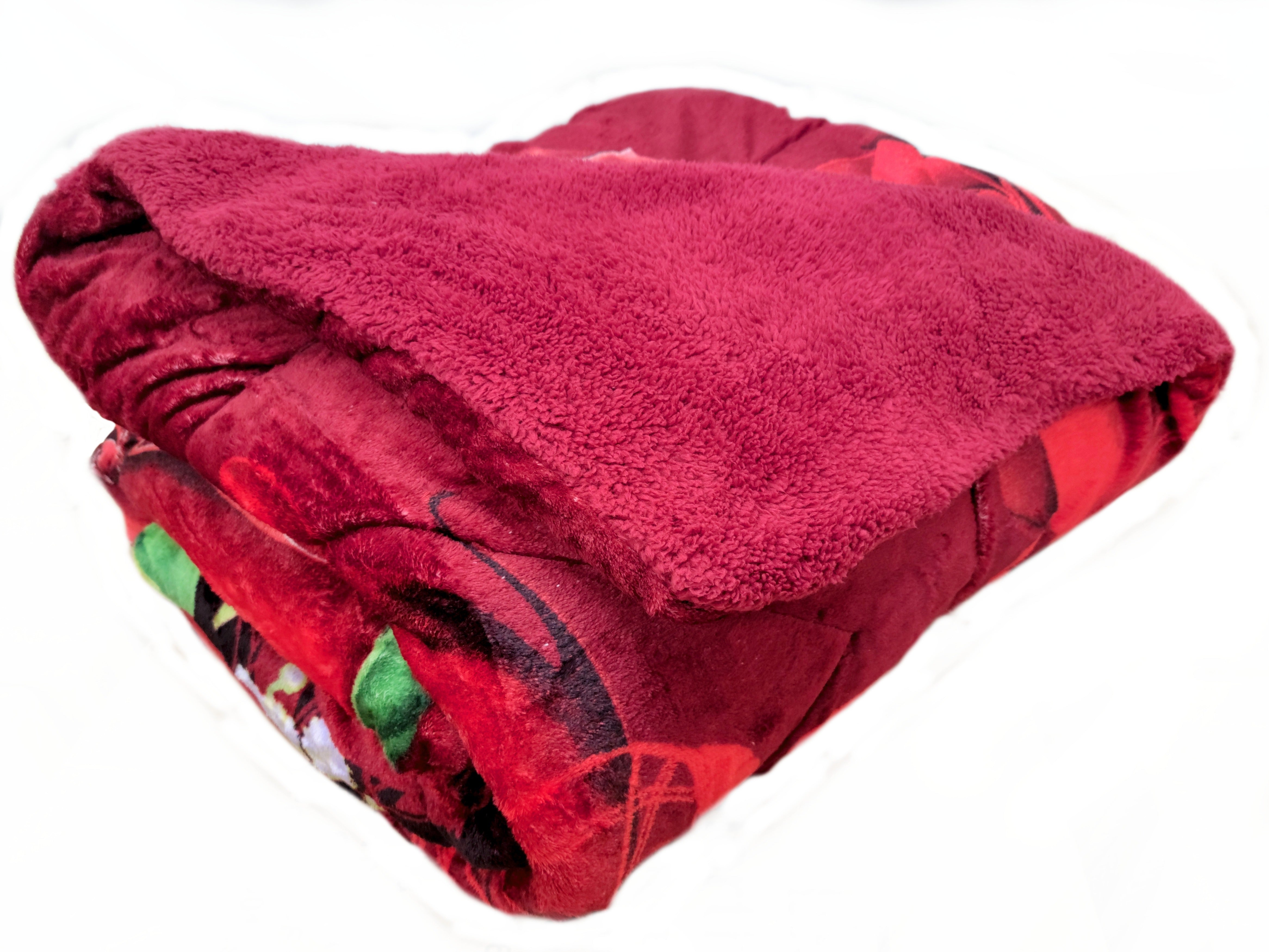 OSAKA 3PC RED ROSE FLEECE BORREGO BLANKET DOUBLE PLY BLANKET - SUPER SOFT WARM - THICK AND HEAVY PLUSH BLANKET - WITH 2 PILLOW SHAM