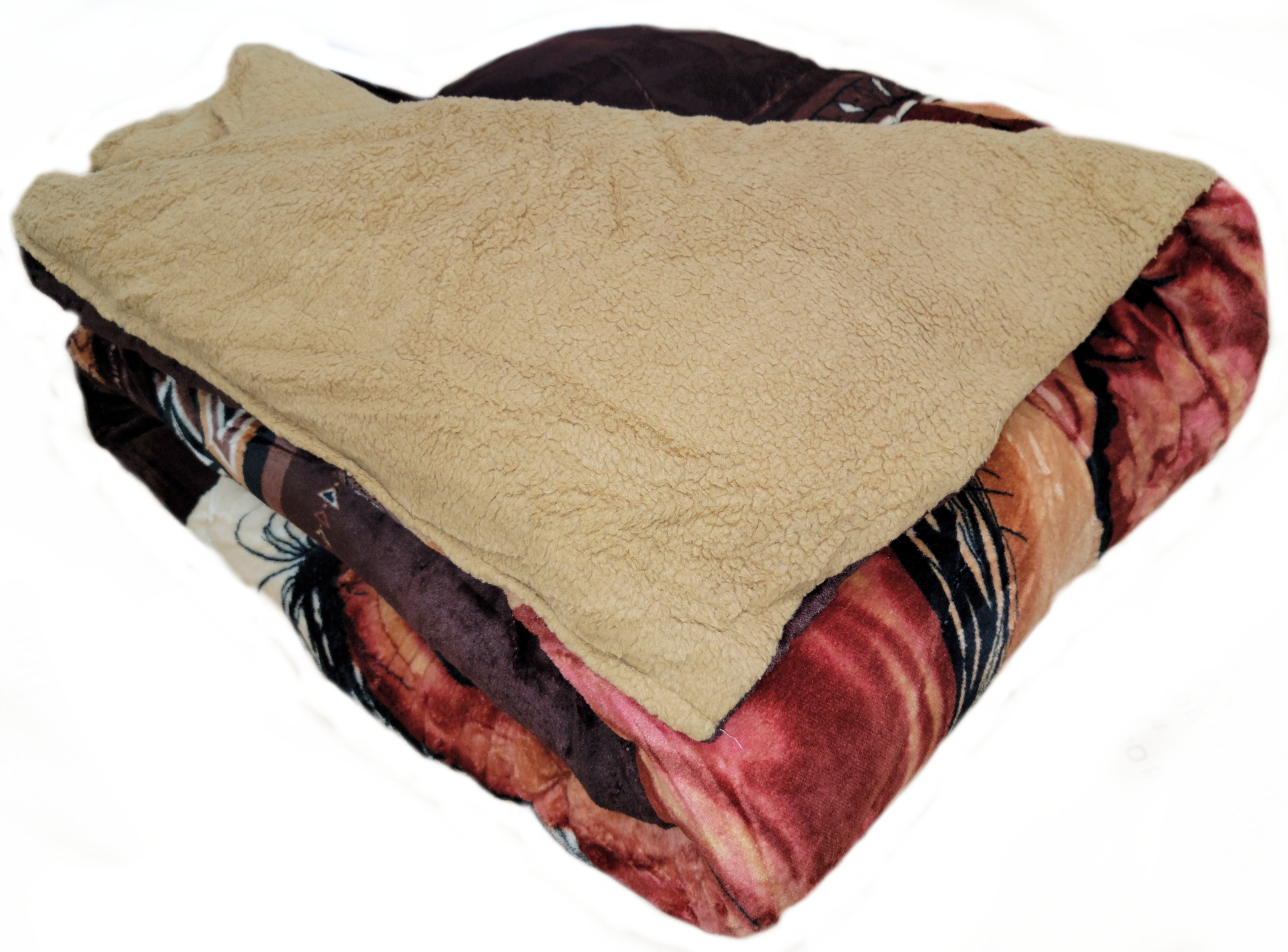 OSAKA 3PC HORSE BORREGO BLANKET FLEECE DOUBLE PLY BLANKET - SUPER SOFT WARM - THICK AND HEAVY PLUSH BLANKET - WITH 2 PILLOW SHAM