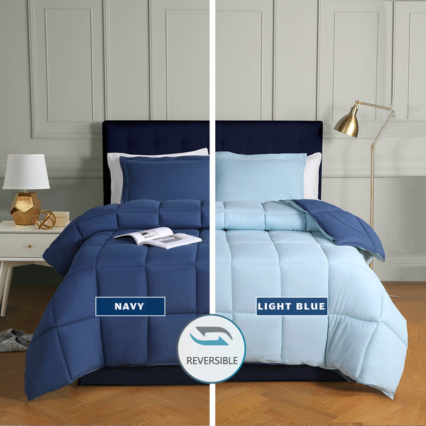 ALTERNATIVE DOWN 3PC REVERSIBLE COMFORTER. PERFECT FOR ANY SEASON. ULTRA SOFT MICROFIBER COVER. Navy / Light Blue