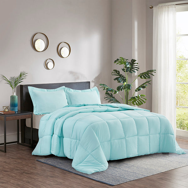 ALTERNATIVE DOWN 3PC COMFORTER. PERFECT FOR ANY SEASON. ULTRA SOFT MICROFIBER COVER. CYAN