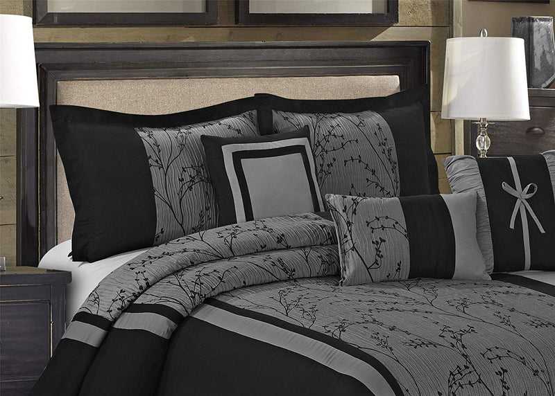 LETICIA 7PC GRAY BEDDING COMFORTER SET. RUFFLE & PATCHWORK, MICROFIBER FABRIC, FADE RESISTANT, SUPER SOFT, BED IN A BAG