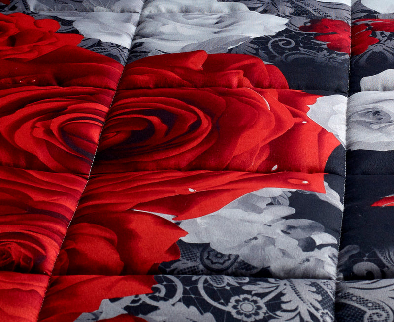 WHITE AND RED ROSE ALTERNATIVE DOWN 3PC PRINTED COMFORTER. PERFECT FOR ANY SEASON. ULTRA SOFT MICROFIBER COVER