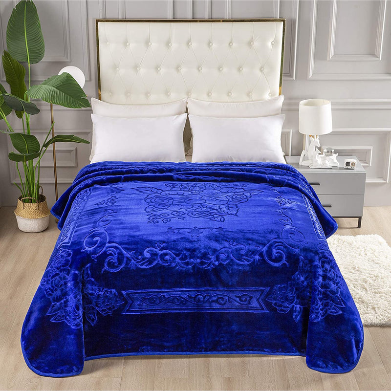 FLORAL EMBOSSING 1PLY WEIGHTED NAVY BLUE BLANKETS - SOLID COLOR DESIGN, WARM HEAVY BLANKET, JUMBO SIZE