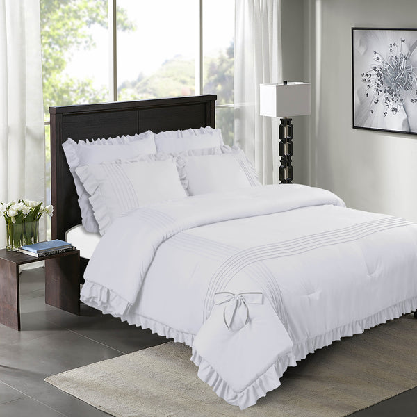 VIVI 5PC WHITE BEDDING COMFORTER SET. RUFFLE & PATCHWORK, MICROFIBER FABRIC, FADE RESISTANT, SUPER SOFT, BED IN A BAG