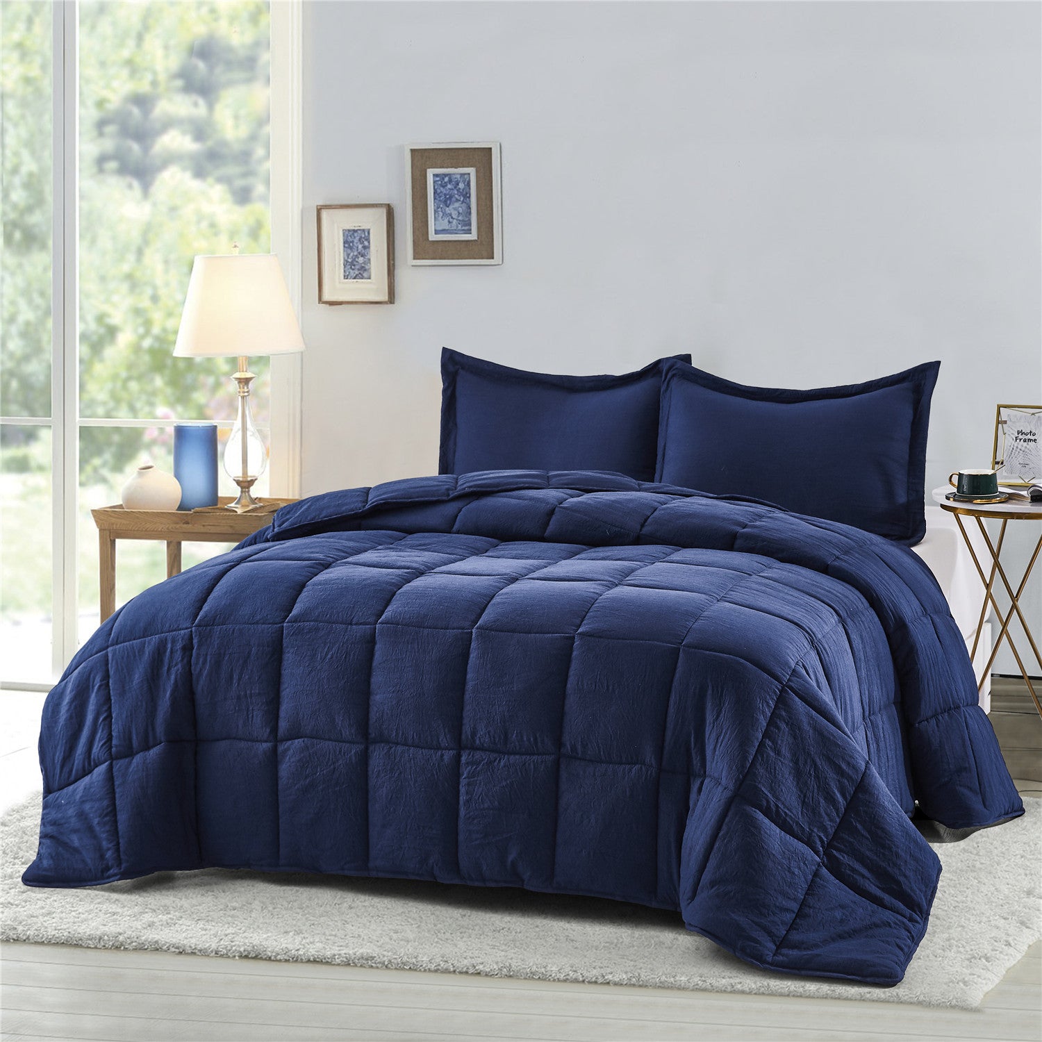 ALTERNATIVE DOWN 3PC COMFORTER. PERFECT FOR ANY SEASON. ULTRA SOFT MICROFIBER COVER. NAVY BLUE
