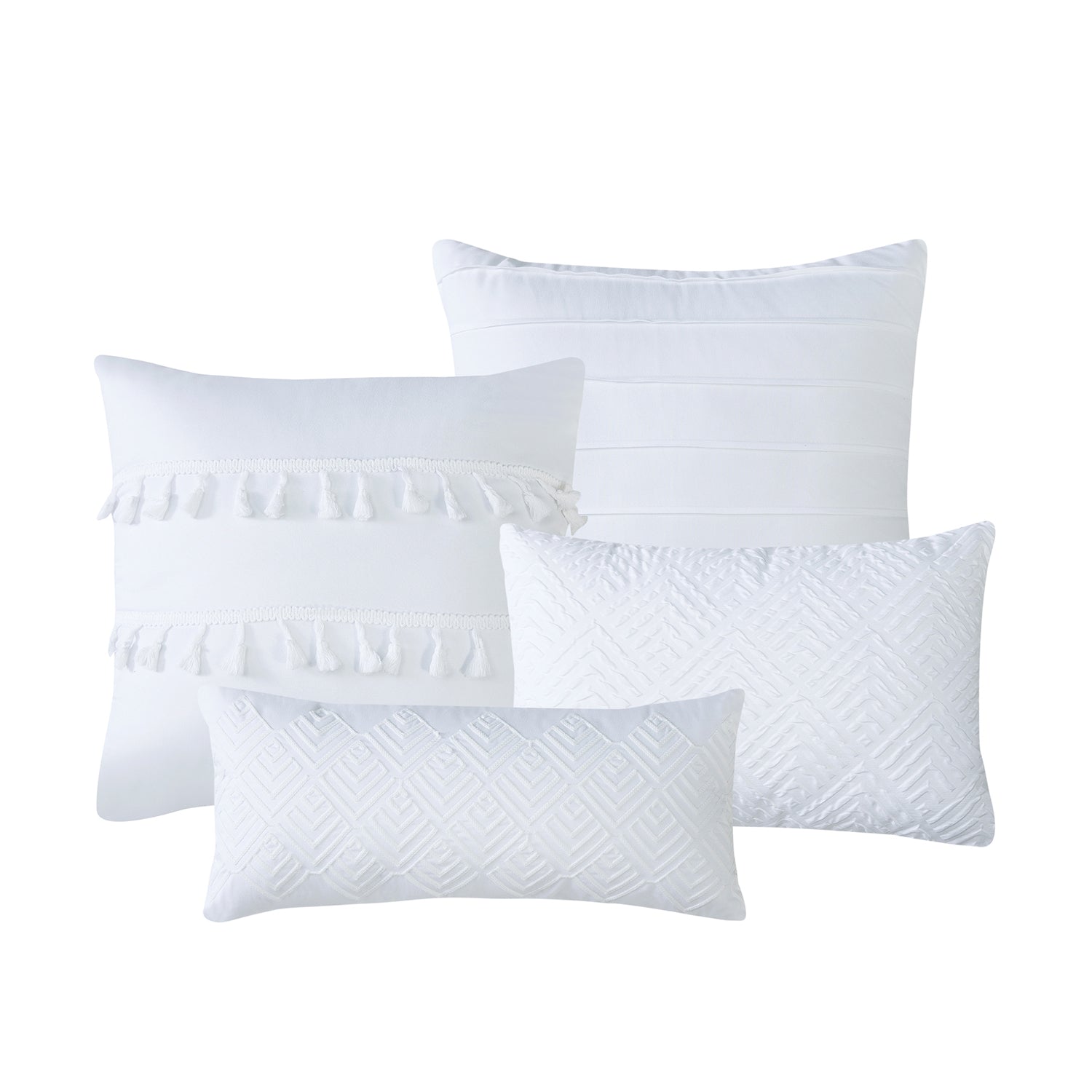 Celina 7PC BEDDING WHITE COMFORTER SET. RUFFLE & PATCHWORK, MICROFIBER FABRIC, FADE RESISTANT, SUPER SOFT, BED IN A BAG