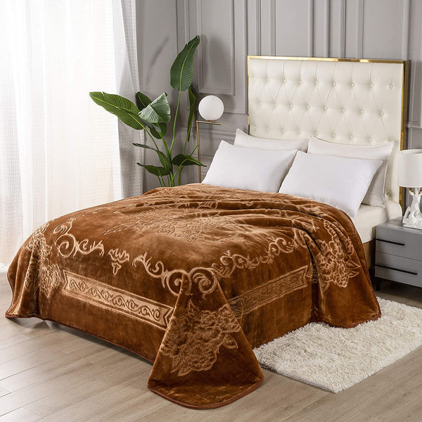 FLORAL EMBOSSING 1PLY WEIGHTED BROWN BLANKETS - SOLID COLOR DESIGN, WARM HEAVY BLANKET, JUMBO SIZE