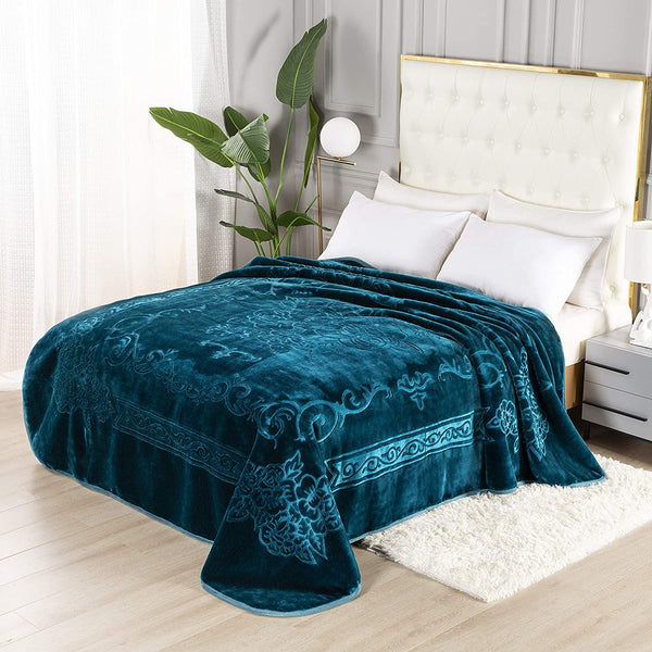 FLORAL EMBOSSING 1PLY WEIGHTED TURQUOISE BLANKETS - SOLID COLOR DESIGN, WARM HEAVY BLANKET, JUMBO SIZE