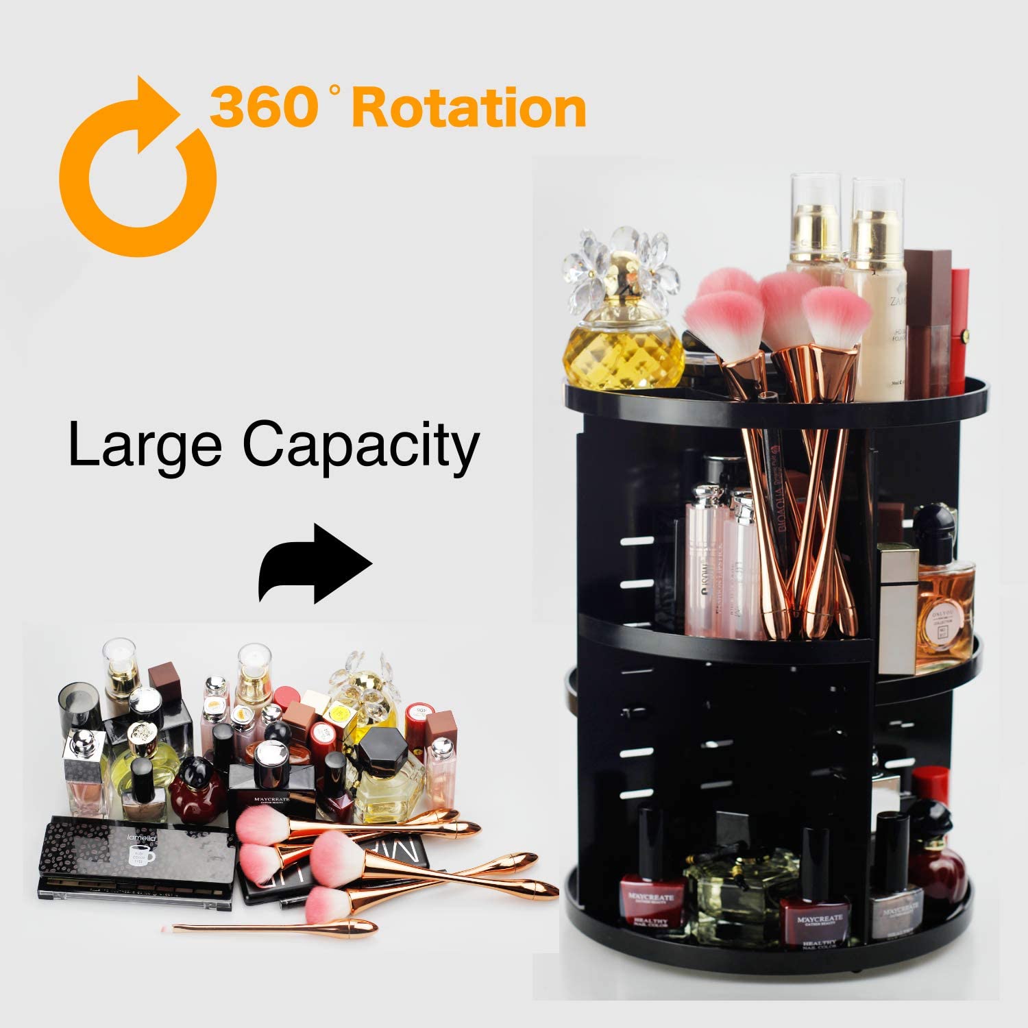 Rotating Adjustable 360 Degree Makeup Organizer, Large Capacity Makeup Caddy Shelf, Fit Lipsticks, Cream, Brushes, Jewerlry, Countertop Shelf