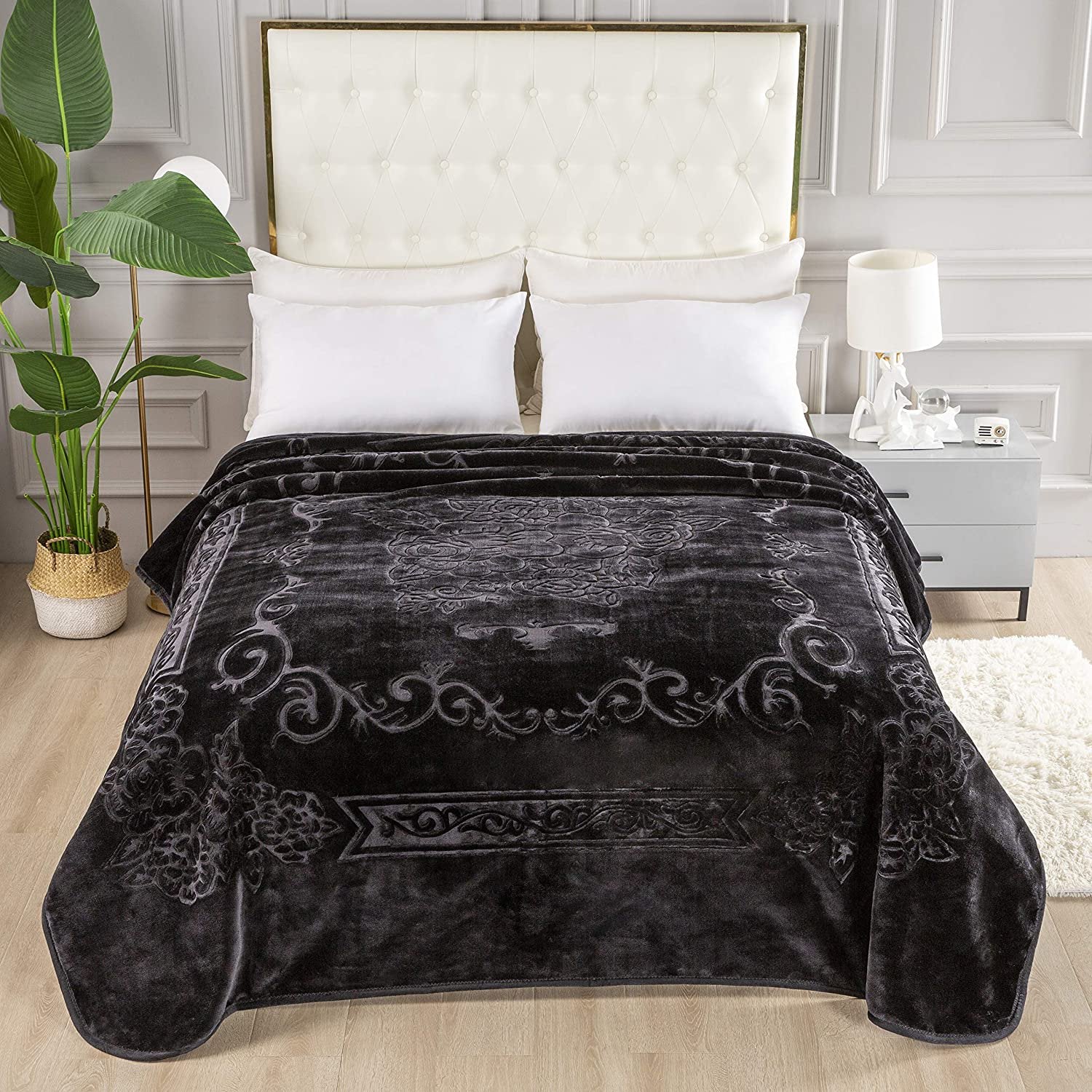 FLORAL EMBOSSING 1PLY WEIGHTED BLACK BLANKETS - SOLID COLOR DESIGN, WARM HEAVY BLANKET, JUMBO SIZE