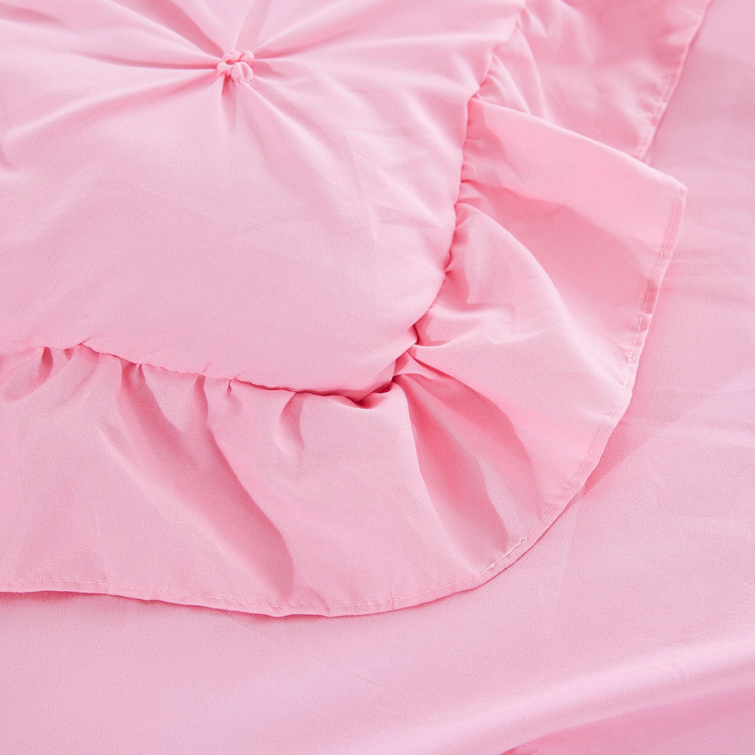 HANIA 5PC PINK BEDDING COMFORTER SET. RUFFLE & PATCHWORK, MICROFIBER FABRIC, FADE RESISTANT, SUPER SOFT, BED IN A BAG