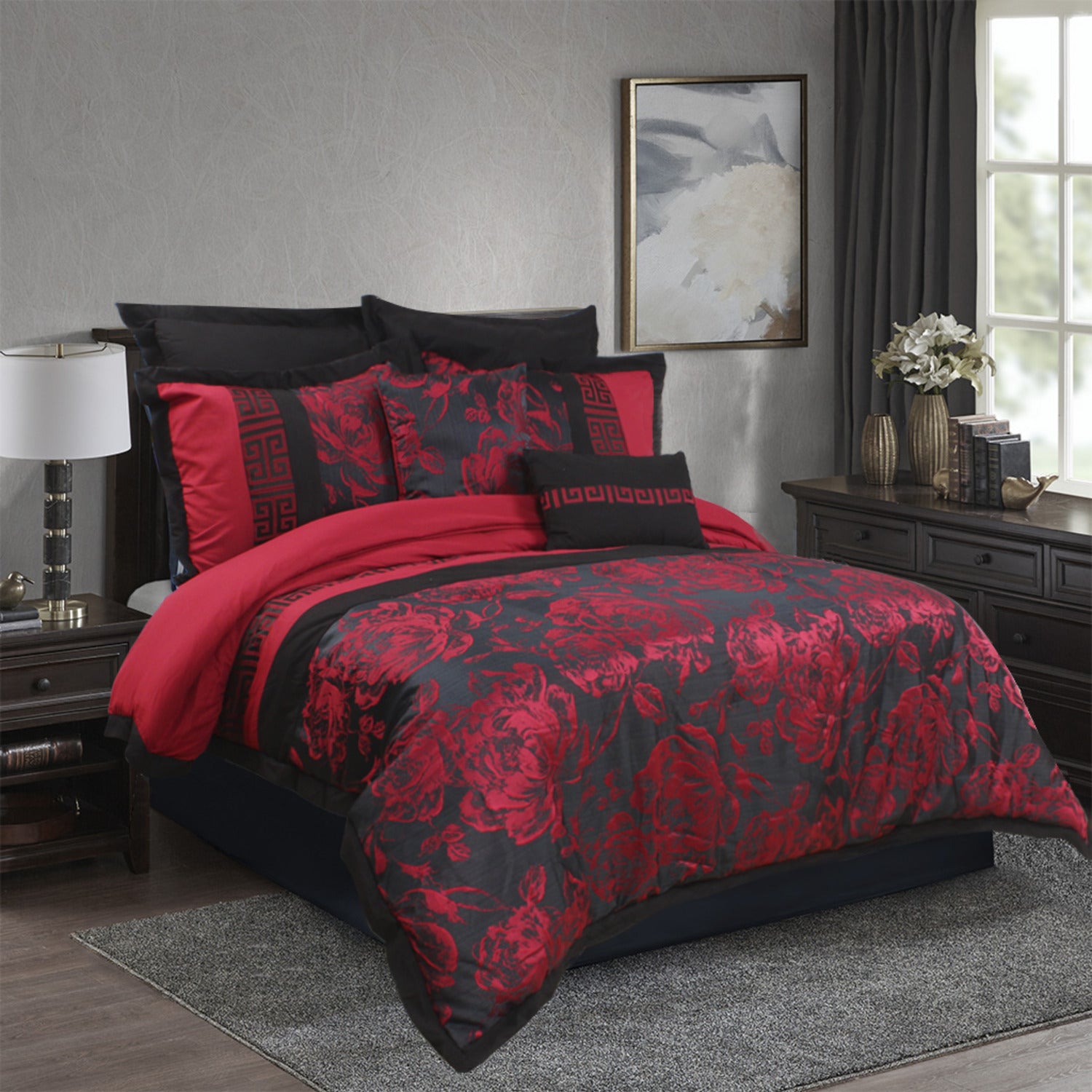 TANG 7PC BURGUNDY BEDDING COMFORTER SET. RUFFLE & PATCHWORK, MICROFIBER FABRIC, FADE RESISTANT, SUPER SOFT, BED IN A BAG