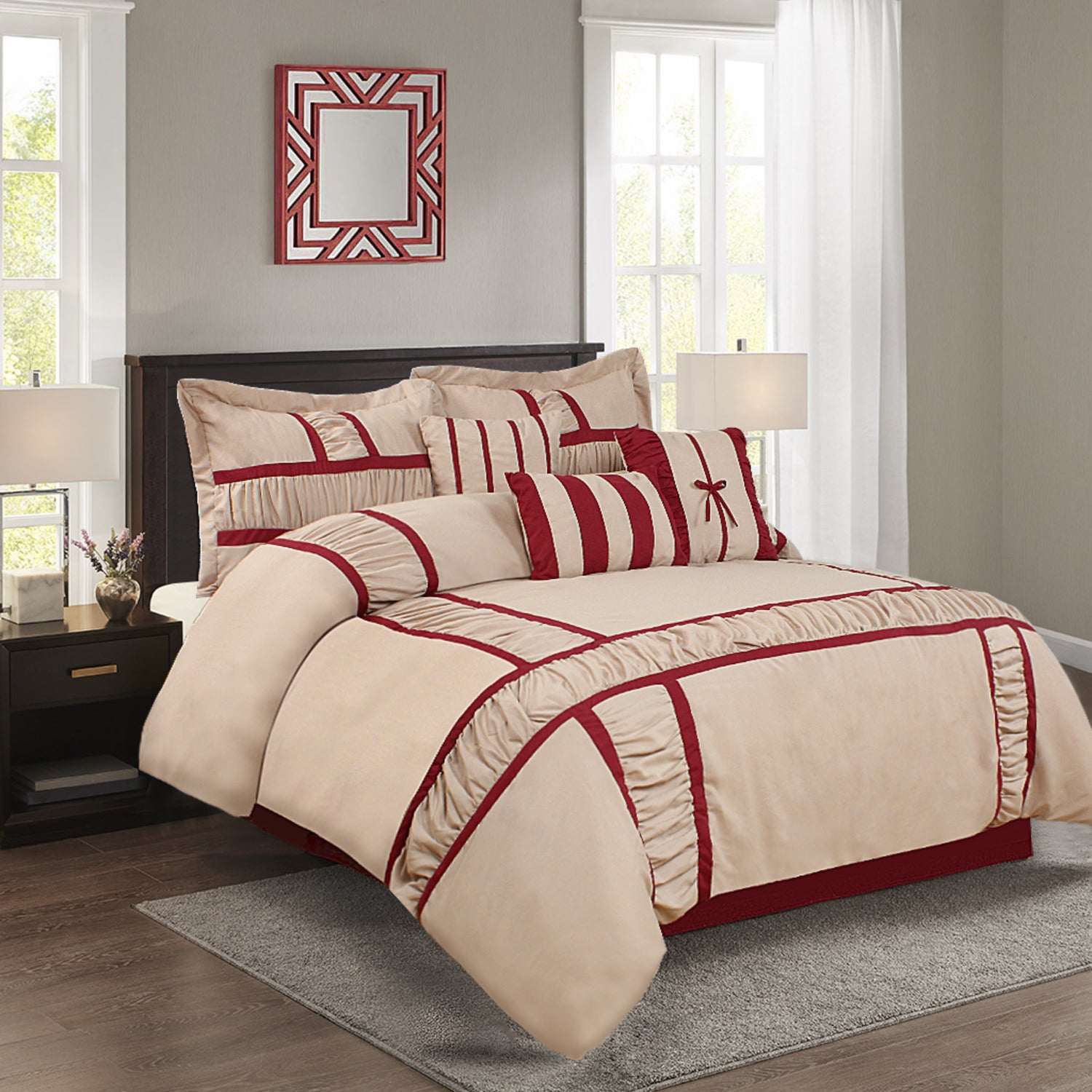 MARMA 7pc TAUPE Bedding Comforter Set. Ruffle & Patchwork, Microfiber Fabric, Fade Resistant, Super Soft, Bed in a Bag