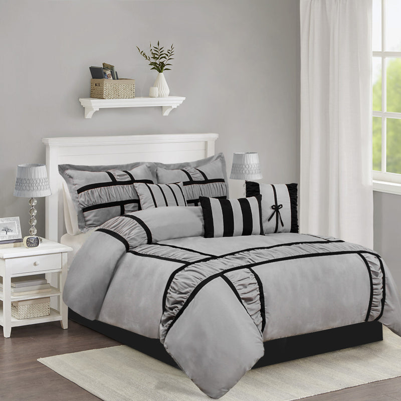 MARMA 7PC GRAY BEDDING COMFORTER SET. RUFFLE & PATCHWORK, MICROFIBER FABRIC, FADE RESISTANT, SUPER SOFT, BED IN A BAG