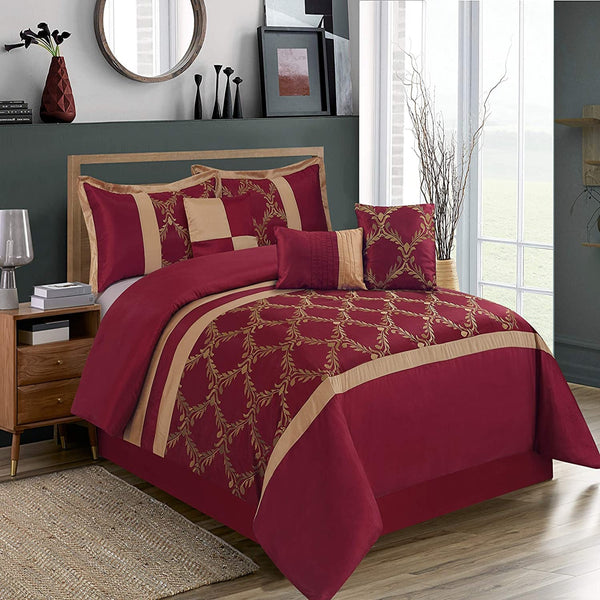 CLAREMONT 7PC BURGUNDY BEDDING COMFORTER SET. RUFFLE & PATCHWORK, MICROFIBER FABRIC, FADE RESISTANT, SUPER SOFT, BED IN A BAG
