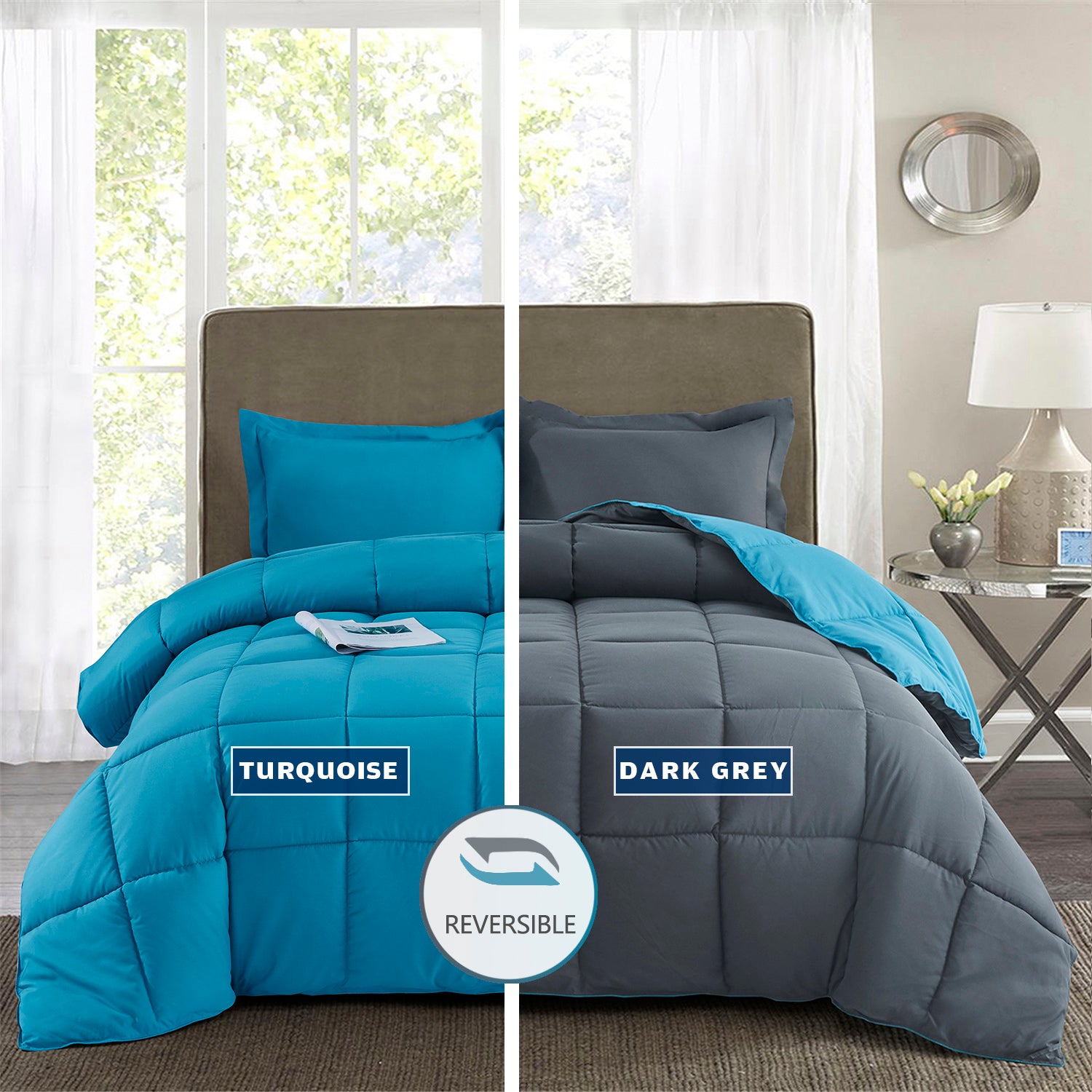 ALTERNATIVE DOWN 3PC REVERSIBLE COMFORTER. PERFECT FOR ANY SEASON. ULTRA SOFT MICROFIBER COVER. TURQUOISE / DARK GREY