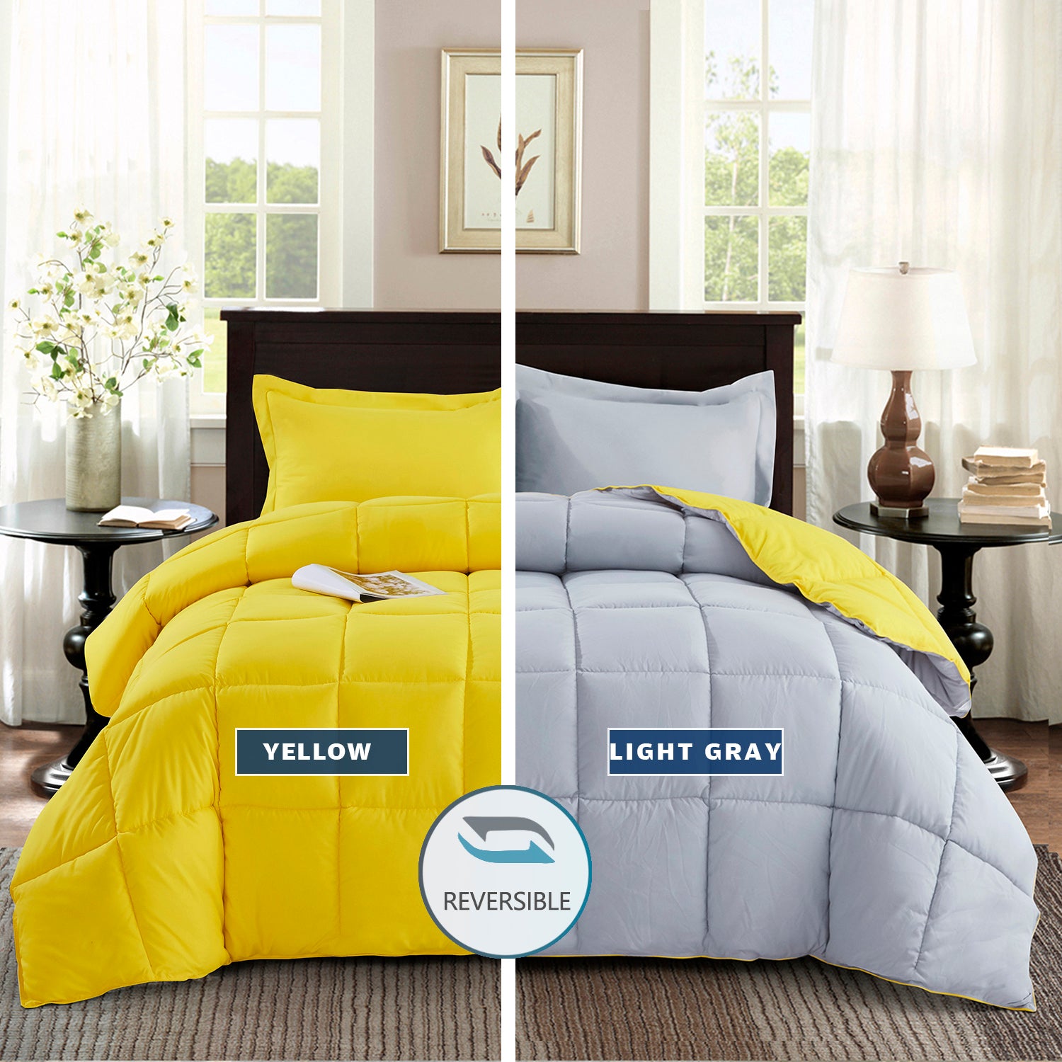 ALTERNATIVE DOWN 3PC REVERSIBLE COMFORTER. PERFECT FOR ANY SEASON. ULTRA SOFT MICROFIBER COVER. YELLOW / GRAY