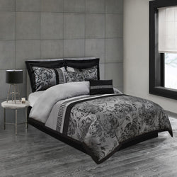 TANG 7PC GRAY BEDDING COMFORTER SET. RUFFLE & PATCHWORK, MICROFIBER FABRIC, FADE RESISTANT, SUPER SOFT, BED IN A BAG