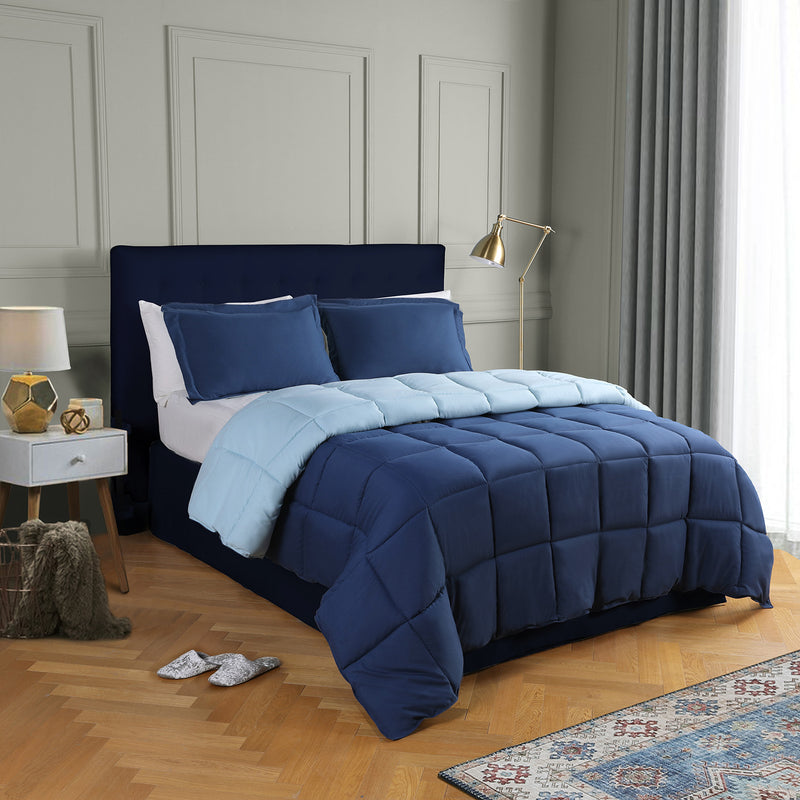 ALTERNATIVE DOWN 3PC REVERSIBLE COMFORTER. PERFECT FOR ANY SEASON. ULTRA SOFT MICROFIBER COVER. Navy / Light Blue