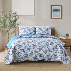 Floral Blue 3pc Bedspread Quilt Set. Stitch Quilted Coverlet Set, Neutral Solid Quilt Set for Bedroom, Microfiber