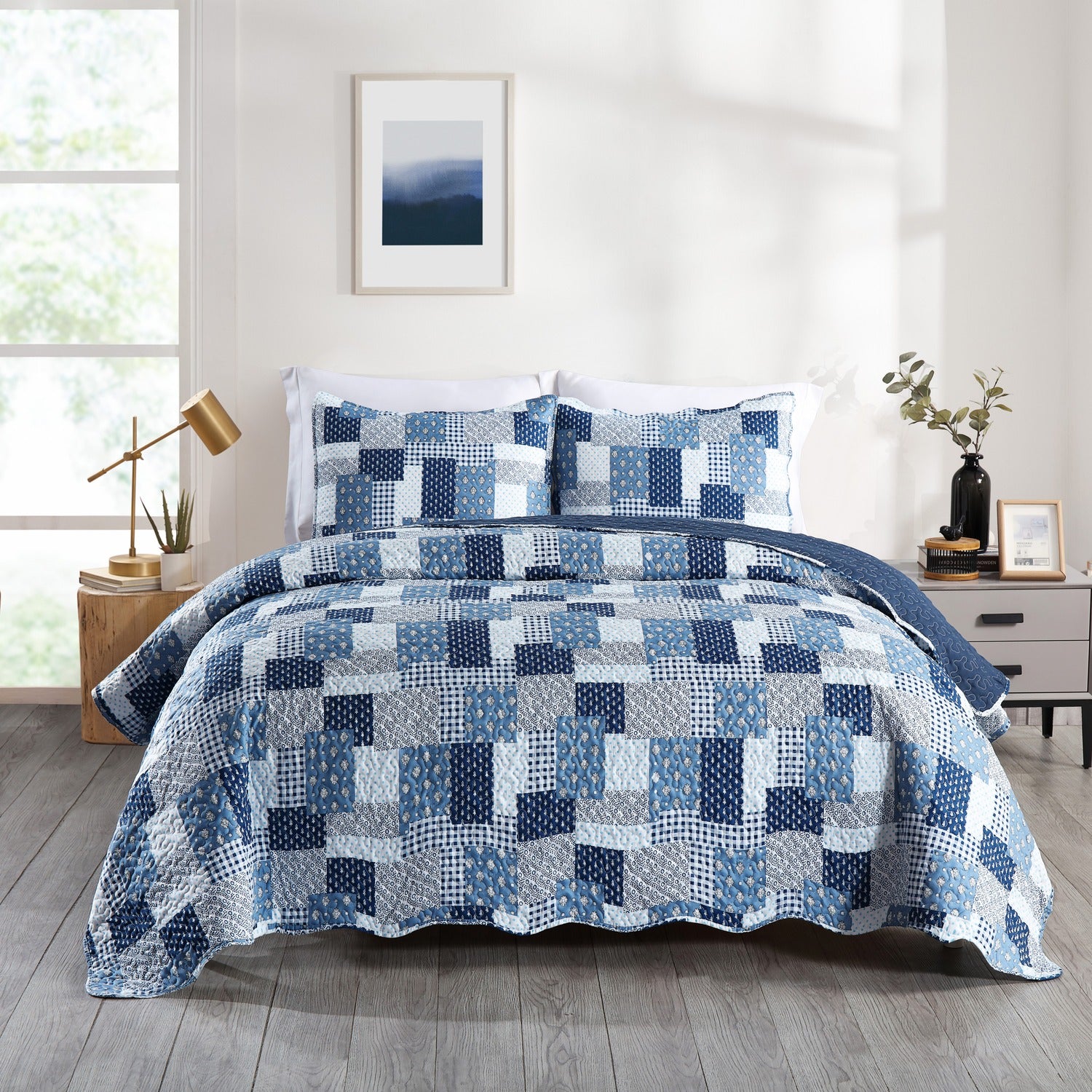 Patch Abstract Blue 3pc Bedspread Quilt Set. Stitch Quilted Coverlet Set, Neutral Solid Quilt Set for Bedroom, Microfiber