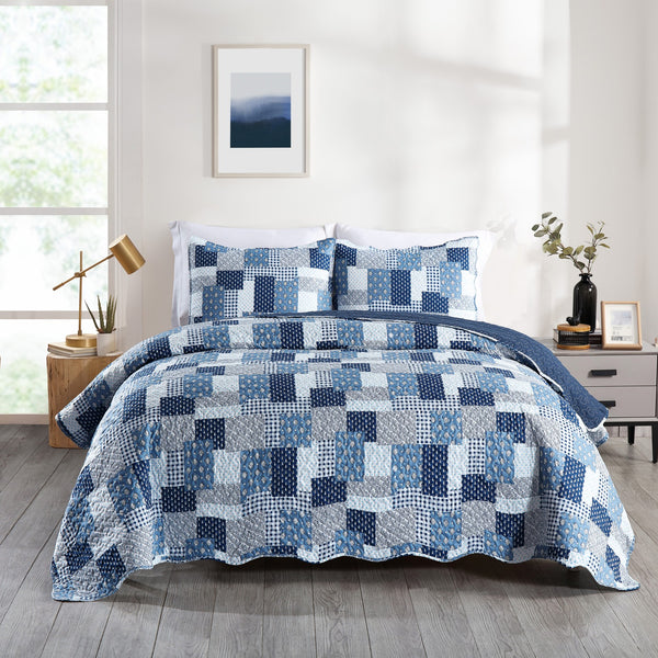 Patch Abstract Blue 3pc Bedspread Quilt Set. Stitch Quilted Coverlet Set, Neutral Solid Quilt Set for Bedroom, Microfiber