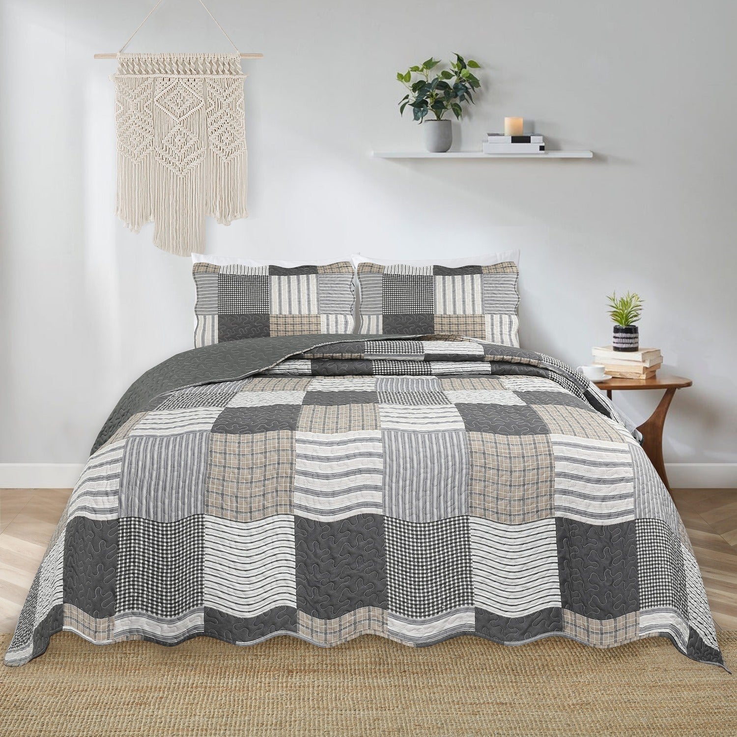 Stripe Abstract Brown 3pc Bedspread Quilt Set. Stitch Quilted Coverlet Set, Neutral Solid Quilt Set for Bedroom, Microfiber