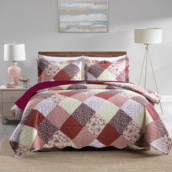Diamond Floral Abstract Burgundy 3pc Bedspread Quilt Set. Stitch Quilted Coverlet Set, Neutral Solid Quilt Set for Bedroom, Microfiber