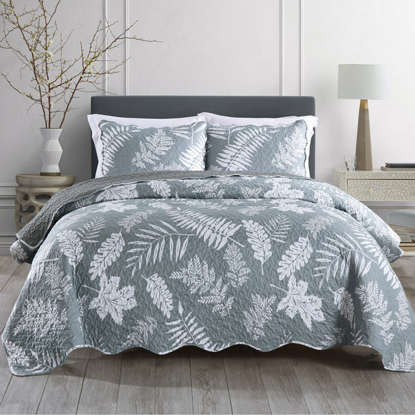 Leaf Gray 3pc Bedspread Quilt Set. Stitch Quilted Coverlet Set, Neutral Solid Quilt Set for Bedroom, Microfiber