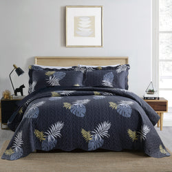 Leaf Navy 3pc Bedspread Quilt Set. Stitch Quilted Coverlet Set, Neutral Solid Quilt Set for Bedroom, Microfiber