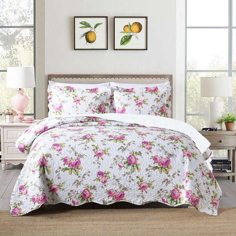 Pink Floral 3pc Bedspread Quilt Set. Stitch Quilted Coverlet Set, Neutral Solid Quilt Set for Bedroom, Microfiber
