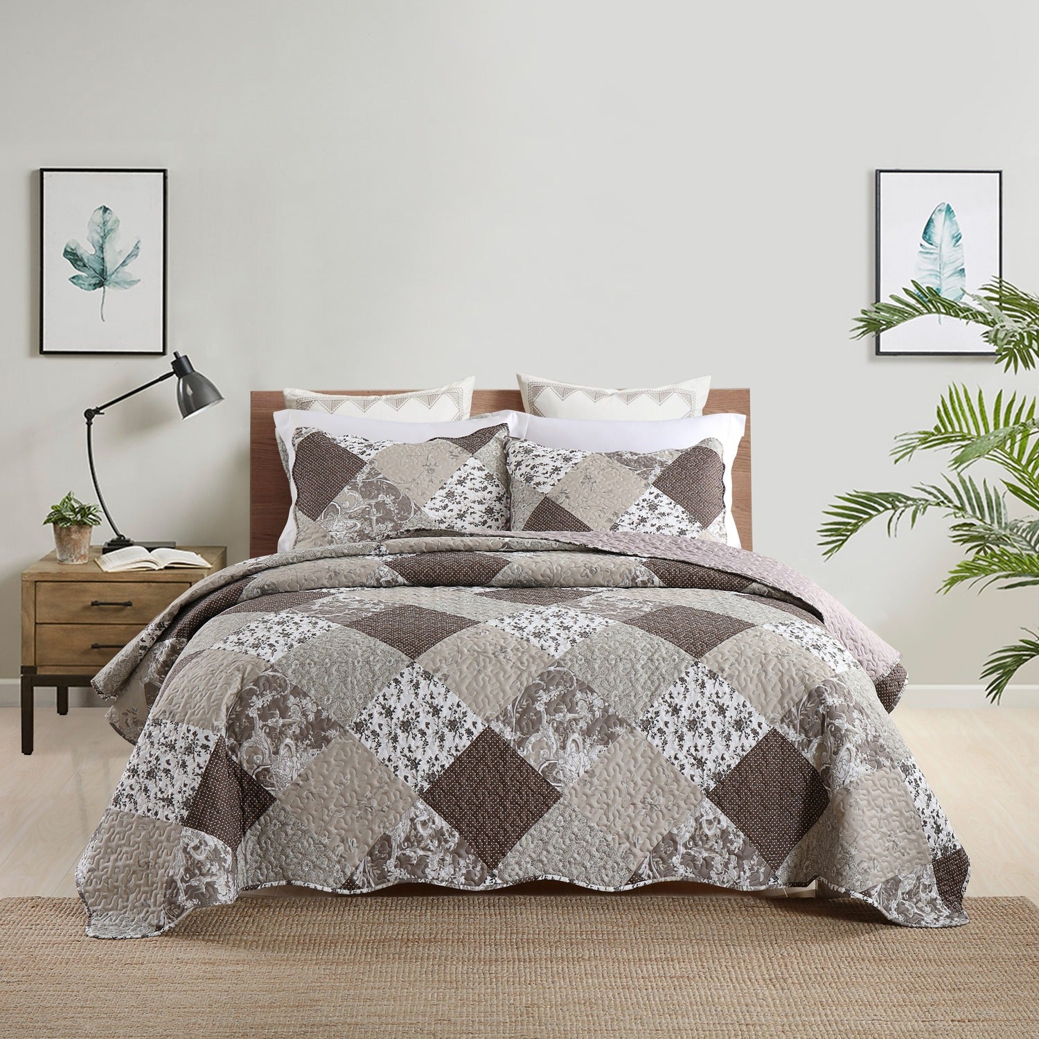 Dimond Brown Floral 3pc Bedspread Quilt Set. Stitch Quilted Coverlet Set, Neutral Solid Quilt Set for Bedroom, Microfiber