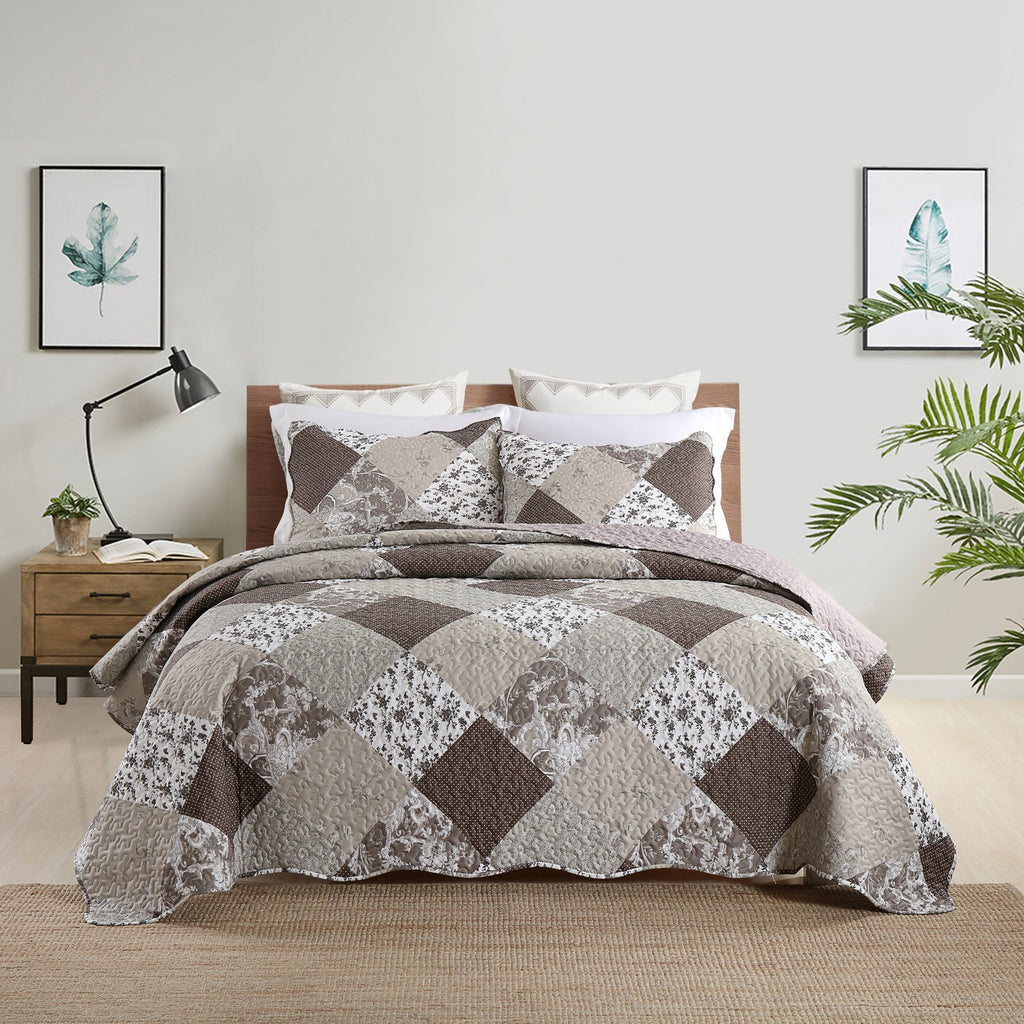 Dimond Brown Floral 3pc Bedspread Quilt Set. Stitch Quilted