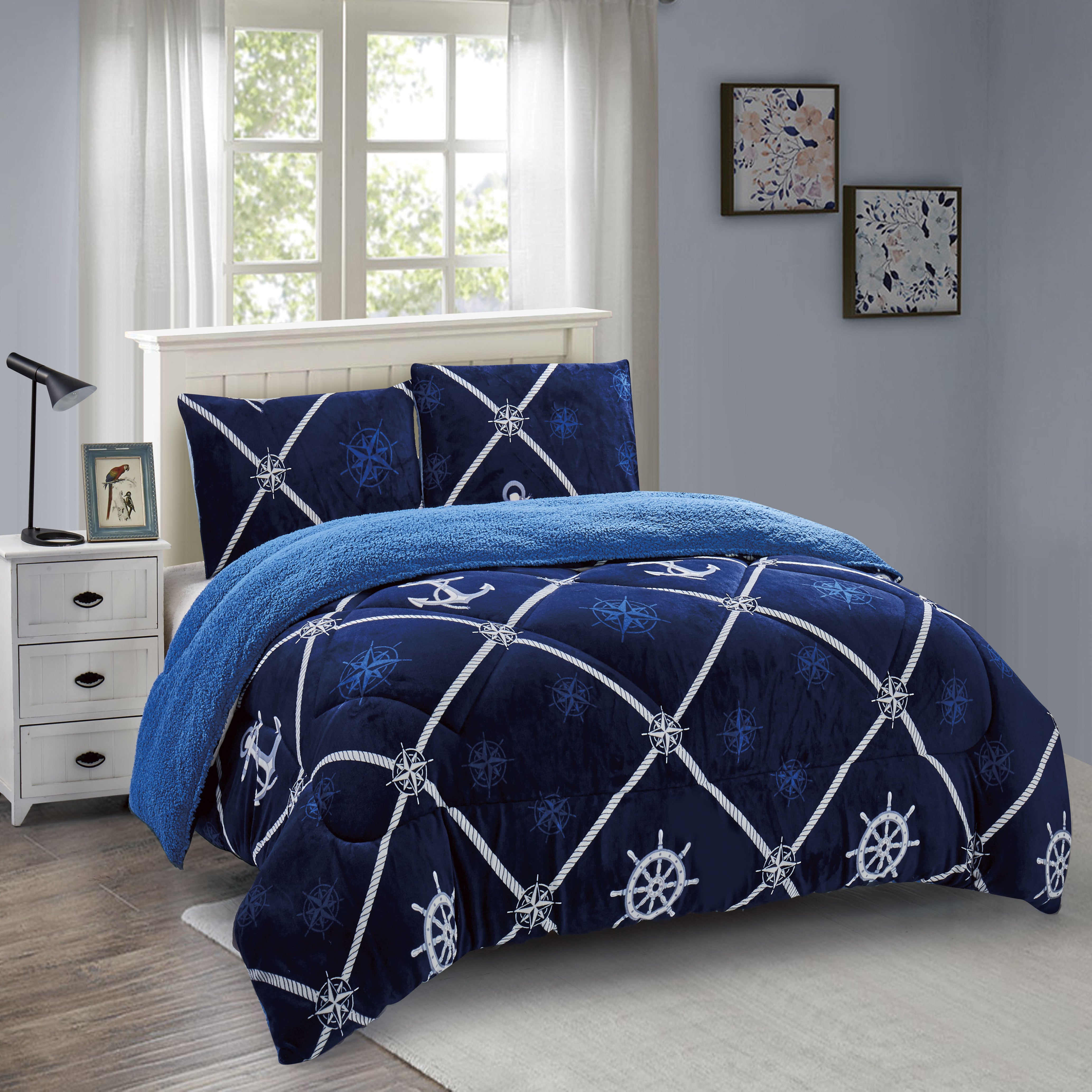 OSAKA 3PC NAVY FLEECE BORREGO BLANKET DOUBLE PLY BLANKET - SUPER SOFT WARM - THICK AND HEAVY PLUSH BLANKET - WITH 2 PILLOW SHAM