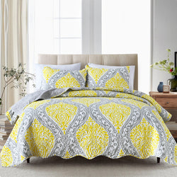 Yellow Medallion Abstract 3pc Bedspread Quilt Set. Stitch Quilted Coverlet Set, Neutral Solid Quilt Set for Bedroom, Microfiber
