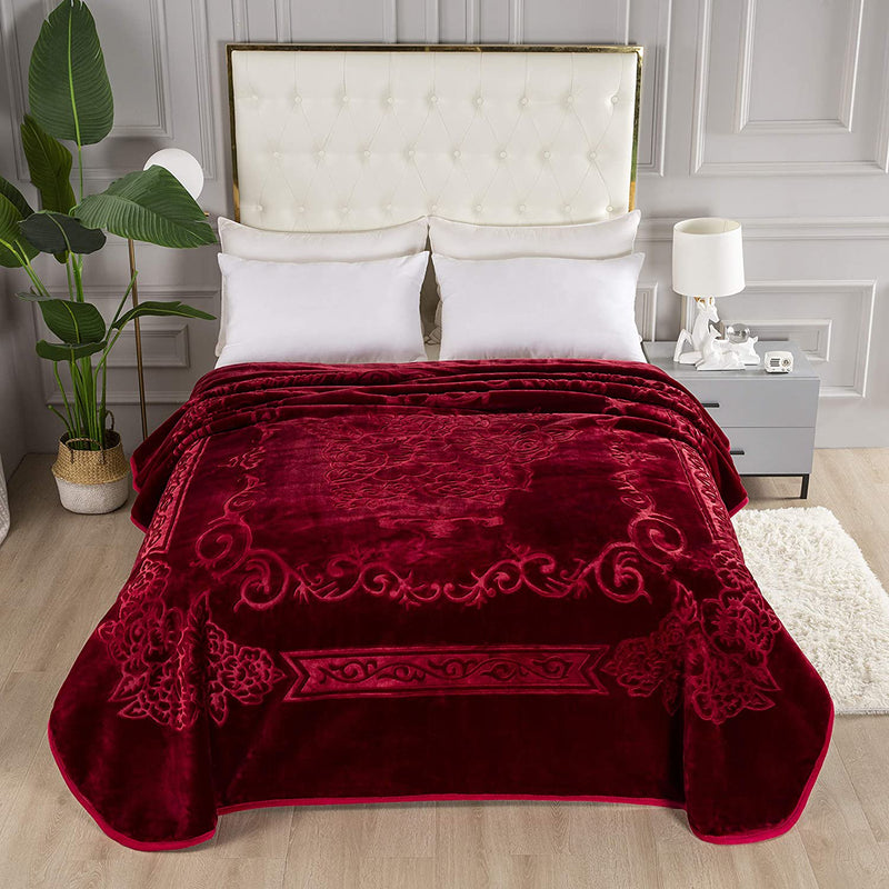 FLORAL EMBOSSING 1PLY WEIGHTED BURGUNDY BLANKETS - SOLID COLOR DESIGN, WARM HEAVY BLANKET, JUMBO SIZE